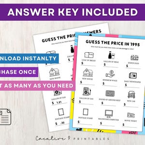 May include: A printable game with a bright blue, pink, and yellow background. The game is called "Guess the Price in 1995" and asks players to guess the price of various items in 1995. The items include a loaf of bread, a gallon of milk, a dozen eggs, a new house, minimum wage, a daily newspaper, a gallon of gas, a pound of ground beef, a new car, a postage stamp, a Macintosh computer, and a movie ticket.