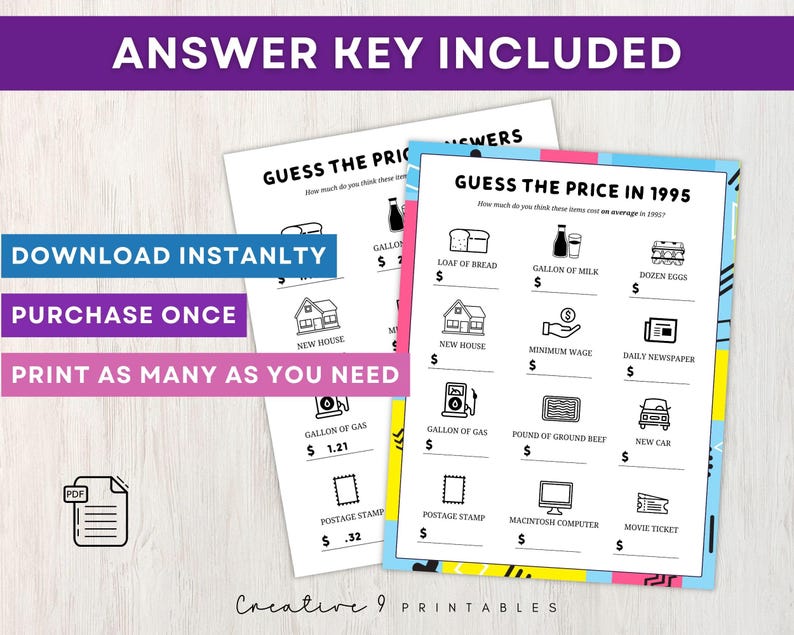 May include: A printable game with a bright blue, pink, and yellow background. The game is called "Guess the Price in 1995" and asks players to guess the price of various items in 1995. The items include a loaf of bread, a gallon of milk, a dozen eggs, a new house, minimum wage, a daily newspaper, a gallon of gas, a pound of ground beef, a new car, a postage stamp, a Macintosh computer, and a movie ticket.