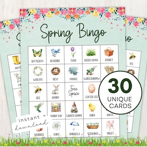 Frühlings-Bingo-Spielbretter für Kinder und Erwachsene, 30 druckbare Karten zum Thema Frühling mit Bonus Markern, Frühlingsferien-Aktivitäten, Sofort-Download