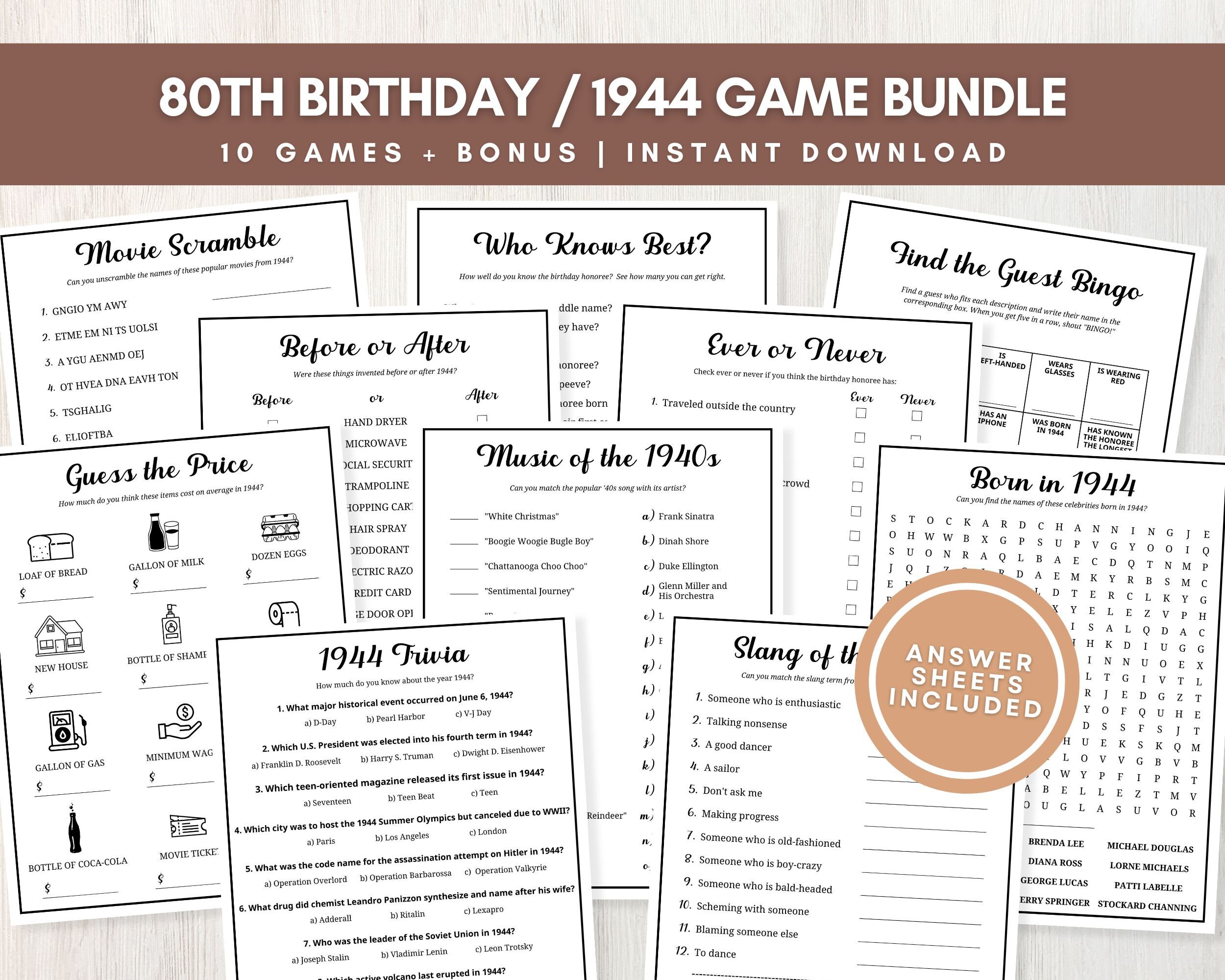 80th Birthday Party Games, Printable Game Bundle With Answer Keys, Born ...