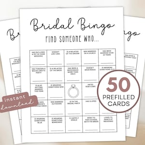 Bingo para despedidas de soltera: Encuentra al invitado, juego imprimible para adultos. 50 tarjetas de bingo precargadas para despedidas de soltera, ideales para grupos grandes. Descarga instantánea.