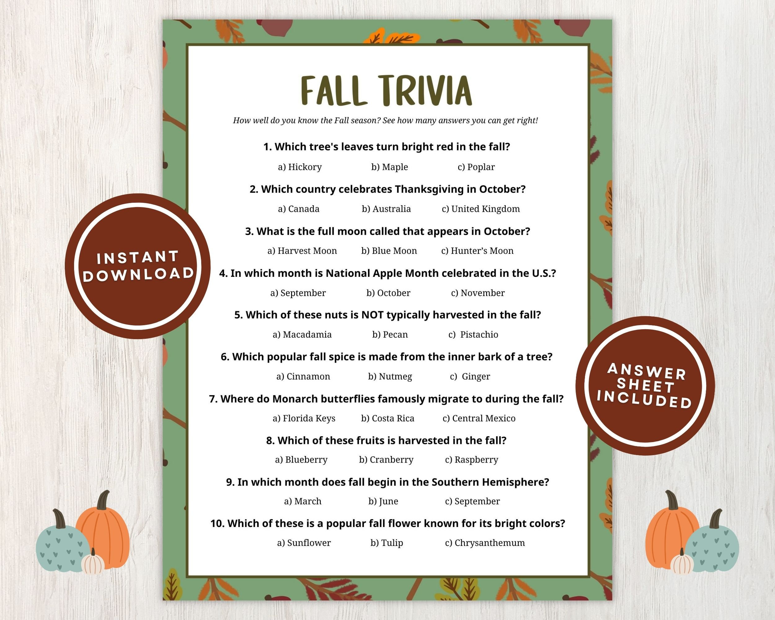 Printable Fall Trivia Game for Kids and Adults, 10 Fall Trivia