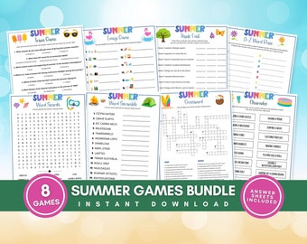 Summer Game Bundle, Fun Printable Summertime Trivia with Answers Great for Pool Parties, Sleepovers, Family Reunions, Camp, Instant Download