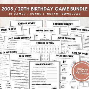 20th Birthday Party Games Bundle, 12 Fun Printable 2005 Trivia and Group Games with Answers, Bonus Memory Keepsake, Instant Download