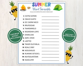 Summer Word Scramble Printable Game for Kids and Adults w/ Answers, 15 Summertime Words to Unscramble, Great Camp Activity, Instant Download