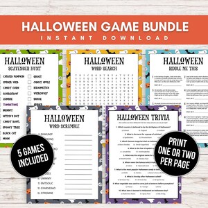May include: Five printable Halloween game cards featuring a scavenger hunt, word search, word scramble, trivia, and riddle game. The cards are decorated with orange, purple, and green colors and feature ghosts, bats, and pumpkins.
