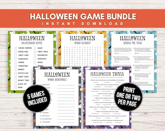 Printable Halloween Party Games Bundle for Kids and Adults, 5 Halloween Games: Word Search, Word Scramble, Trivia, Scavenger Hunt, & Riddles