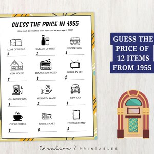 May include: A printable game sheet with a retro design. The game is called "Guess the Price in 1955" and asks players to guess the average price of 12 items from 1955, such as a loaf of bread, a gallon of milk, a dozen eggs, a new house, a transistor radio, a color TV set, a gallon of gas, minimum wage, a new car, a cup of coffee, a movie ticket, and a postage stamp.