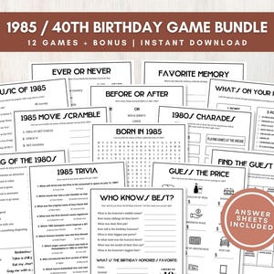 40th Birthday Party Games Bundle, 12 Fun Printable 1985 Trivia and Group Games with Answers, Bonus Memory Keepsake, Instant Download