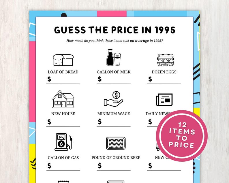 May include: A printable game card with a pink, blue, and yellow geometric pattern. The card has a title "Guess the Price in 1995" and asks players to guess the average price of 12 items in 1995. The items include a loaf of bread, a gallon of milk, a dozen eggs, a new house, minimum wage, daily news, a gallon of gas, a pound of ground beef, and a new car.