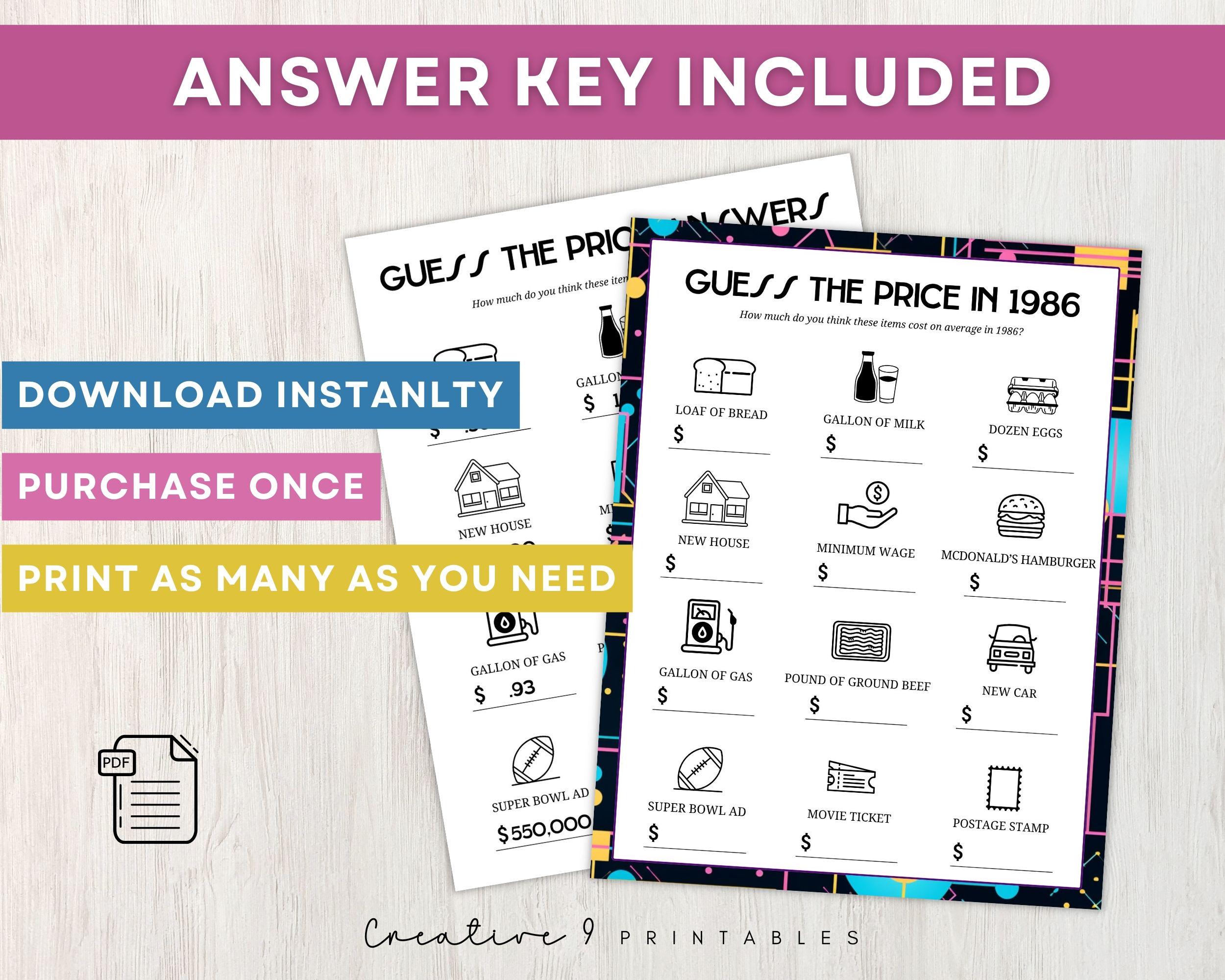 Price Trivia 1986 Guess the Price Trivia Game, 40th Birthday Party Printable ...