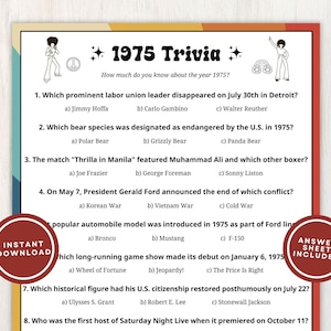1975 Trivia with Answers, Printable 50th Birthday, Reunion, or Anniversary Party Game, 10 Fun Questions About Back in 1975, Instant Download
