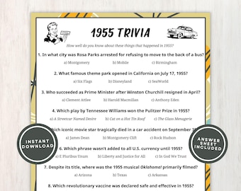 1955 Trivia with Answers, Printable 70th Birthday Game, 10 Fun Quiz Questions About Back in 1955 for Party Guests to Play, Instant Download