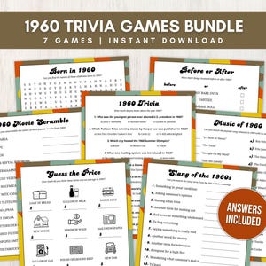1960 Trivia Bundle for Adults and Kids, 7 Fun Printable 65th Party Games w Answers for Birthday, Anniversary, or Reunion, Instant Download