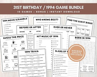 31st Birthday Party Games Bundle,  Born in 1994 Trivia Games, 10 Fun Printable Games for 31st Birthday Party w/ Answer Key, Instant Download