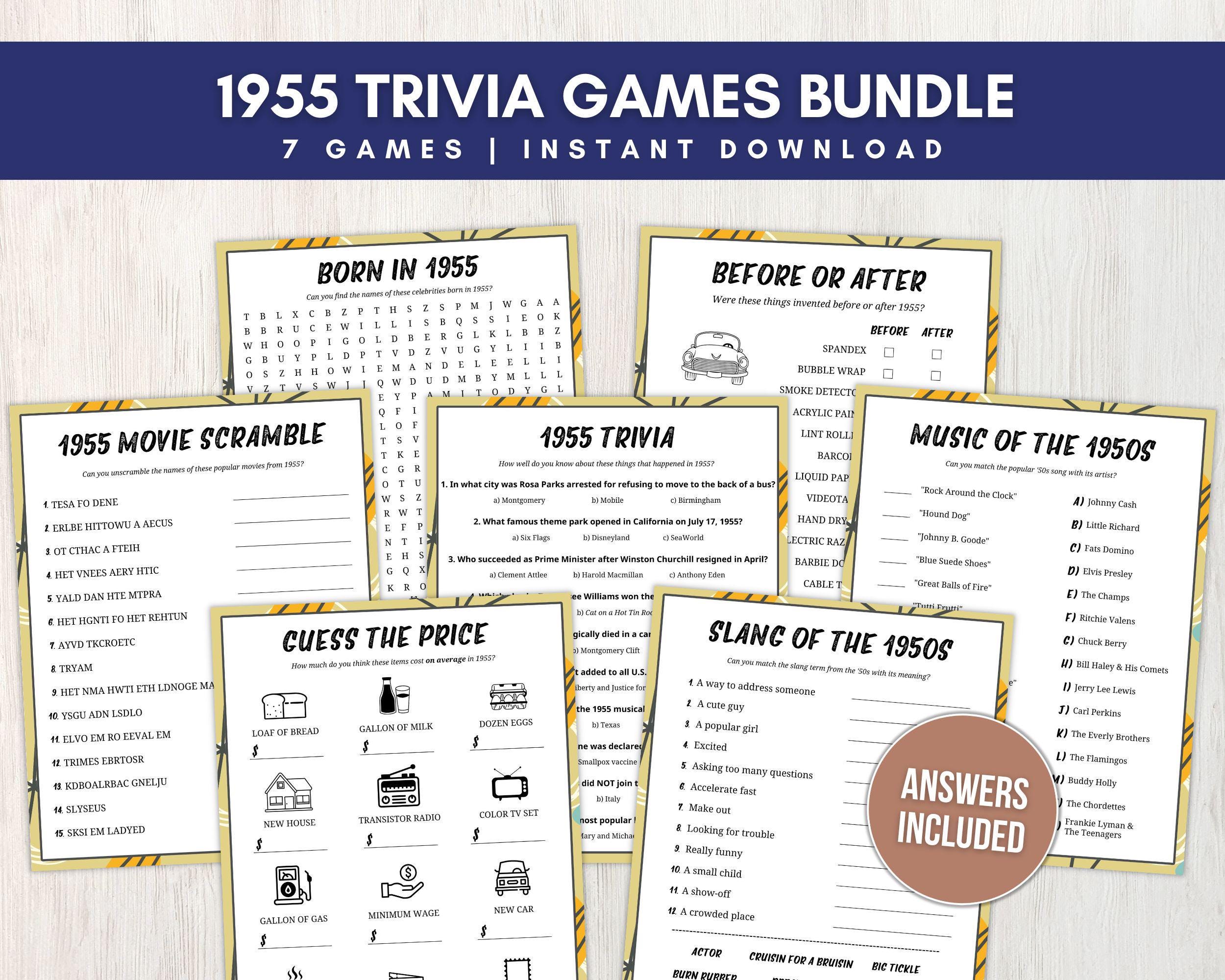 1955 Trivia Game Bundle, 70th Birthday Party Games, Born in 1955, Printable Trivia Games Great for 70th Birthday Parties, Instant Download