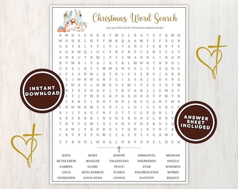 キリスト教のクリスマスワードサーチ、答え付きの印刷可能なパズルゲーム、日曜学校、教会、青少年グループ向けの楽しいゲーム、すぐにダウンロードできます