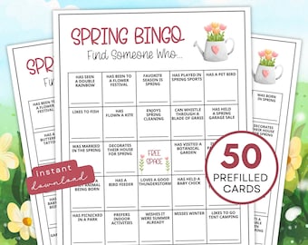 Spring Find The Guest Bingo Printable Game for Adults, 50 Prefilled Springtime Bingo Cards Great Activity for Large Groups, Instant Download