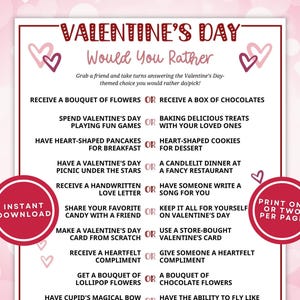 Would You Rather Valentine&#39;s Day Game for Kids and Adults, Printable This or That Questions Great for Classroom Parties, Instant Download