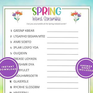 Spring Word Scramble Printable Game for Kids and Adults, 12 Springtime Words to Unscramble w Answers, Great for Classrooms, Instant Download