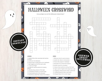 Halloween Crossword Printable Game for Kids and Adults, 20 Halloween Crossword Clues to Solve, Great Activity for Groups, Instant Download