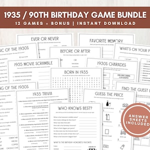 Partyspiele zum 90. Geburtstag, druckbares Spiele-Bundle mit Antwortschlüsseln, 1935 Trivia und Bonus, Spaß für große Gruppen, Sofort-Download