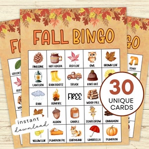 Printable Fall Bingo, 30 Fall Bingo Cards, Fall Party Game, Bingo Game for Kids & Adults, Family Game, Classroom Activity, Instant Download
