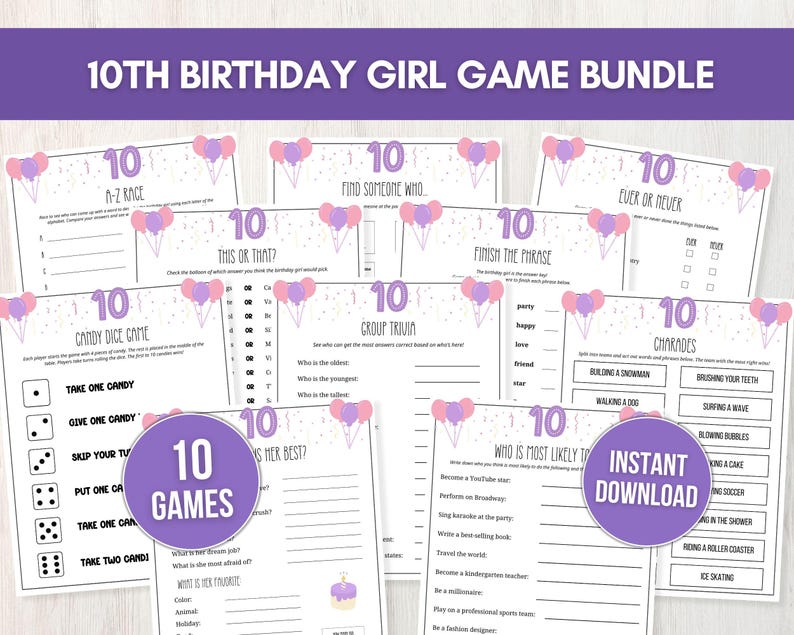 10th Birthday Girl Game Bundle, 10 Printable Party Games + Bonus for ...