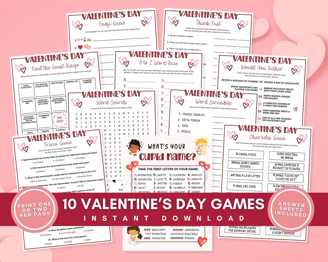 Valentine's Day Game Bundle for Kids, 10 Fun Printable Valentine Party ...