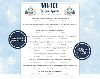 May include: A blue and white printable winter trivia game with 10 questions. The game features a cartoon polar bear and snowflakes. The text "INSTANT DOWNLOAD" is in a circle on the left side of the page. The text "ANSWER SHEET INCLUDED" is in a circle on the right side of the page.
