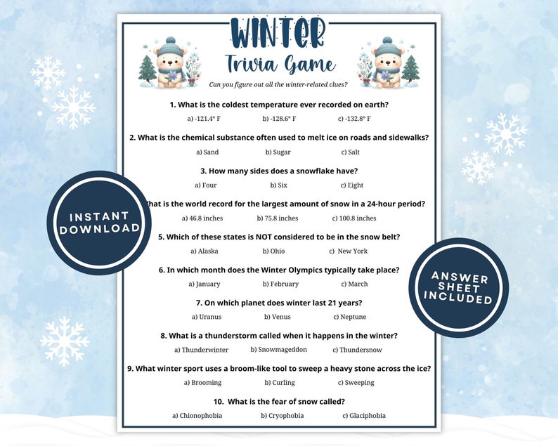 Printable Winter Trivia Game for Kids and Adults, 10 Winter Trivia