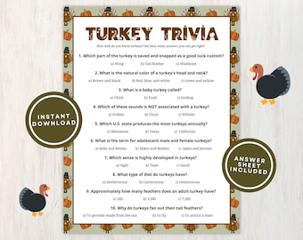 Printable Turkey Trivia Game for Kids and Adults, 10 Thanksgiving Turkey Trivia Questions for Parties and Classrooms, Instant Download