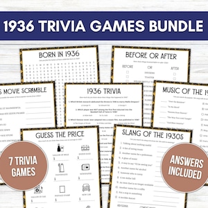May include: A collection of seven trivia games themed around 1936. The games cover topics such as movies, music, and slang from the 1930s. The bundle includes an answer key and has a vintage design.