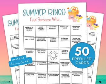 Summer Find The Guest Bingo Printable Game for Adults, 50 Prefilled Find Someone Who Bingo Cards for Large Groups, Instant Download