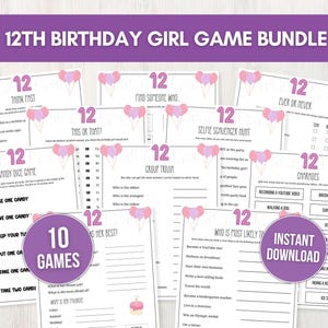12th Birthday Girl Game Bundle, 10 Printable Birthday Party Games for Preteens, Fun Tween Birthday Idea for Group of Girls, Instant Download