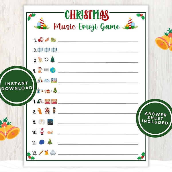 Printable Christmas Song Emoji Game for Kids and Adults, 12 Christmas Music Emoji Puzzles to Solve Great for Parties, Instant Download