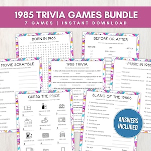 Pacchetto di quiz del 1985 per adulti e bambini, stampabile 40° compleanno, 40° anniversario, 40° riunione, giochi di quiz nati nel 1985, download immediato