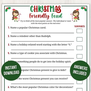 Op de afbeelding: Een printbaar kerstspel genaamd "Friendly Feud" met een groen-rood kleurenschema. Het spel vraagt ​​spelers om een ​​populair kerstliedje, een rendier anders dan Rudolph, een woord gerelateerd aan de feestdagen dat begint met de letter "S", een soort koekje dat geassocieerd wordt met kerst, iets dat mensen doen om in de kerststemming te komen, een populair kerstcadeau om aan kinderen te geven, het slechtste kerstcadeau dat je kunt krijgen, en de meest populaire kerstkleur voor decoraties te noemen.