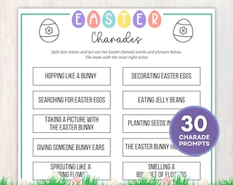 Jeu de charades de Pâques pour enfants, 30 invites imprimables avec éléments d'action printaniers et deux cartes vierges, activité de groupe amusante, téléchargement immédiat