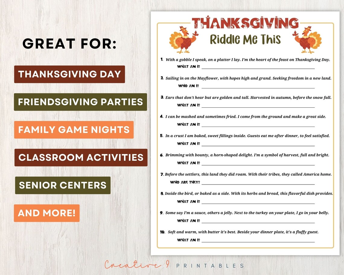 Thanksgiving Dinner Riddles Printable Thanksgiving Riddle Me This Game, 10 Thanksgiving Trivia ...