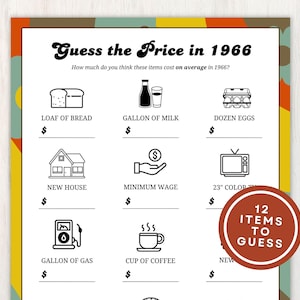 May include: A vintage-themed game sheet titled "Guess the Price in 1966." The sheet features black and white illustrations of everyday items like bread, milk, eggs, and a house, with spaces to write the estimated prices. A circular badge says "12 Items to Guess."