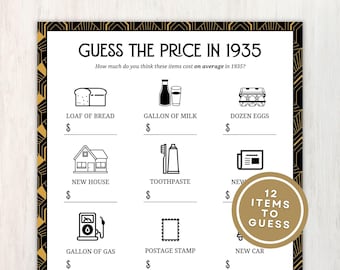 1935 Guess the Price Game, 90th Birthday Party Games, Back in 1935 Trivia Game, 90th Birthday Ideas, Prices Guessing Game, Instant Download