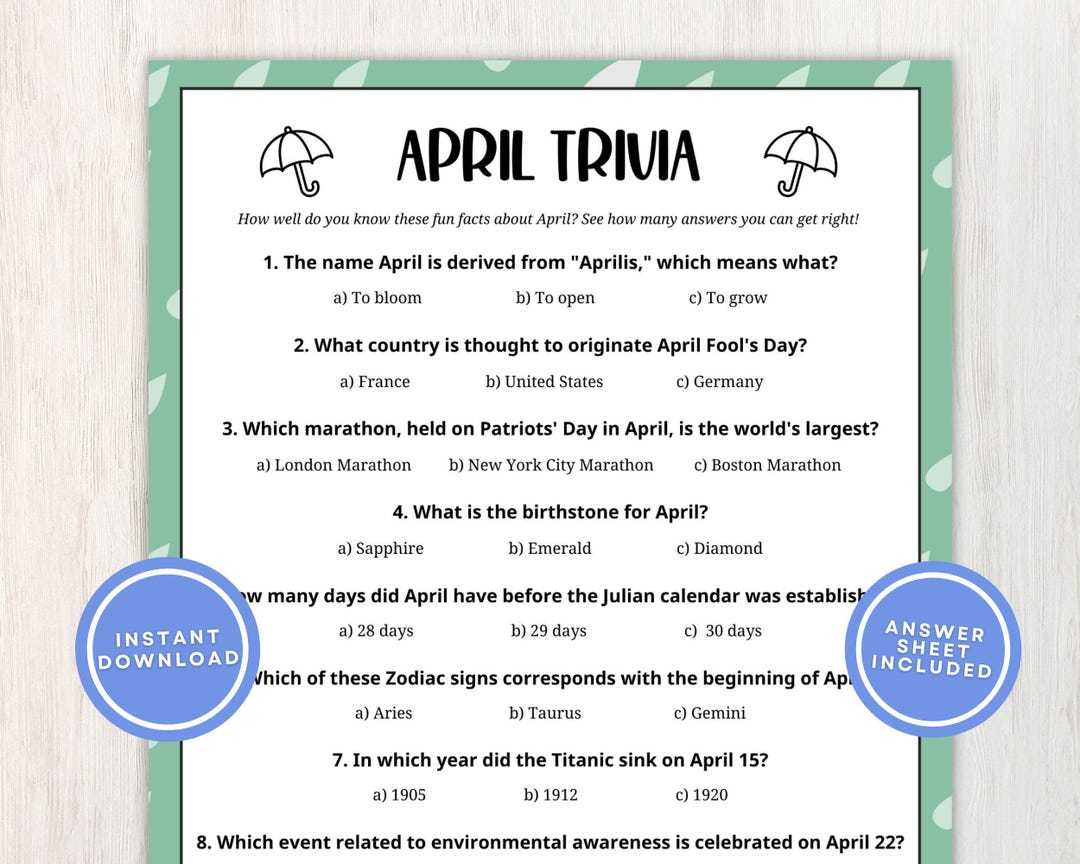 April Trivia Printable Game for Kids and Adults, 10 Fun Facts Quiz ...