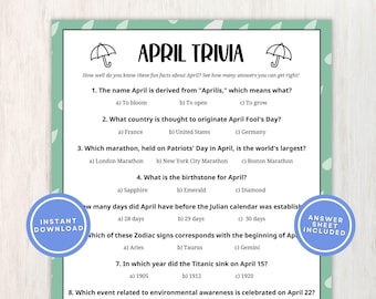 April Trivia Printable Game for Kids and Adults, 10 Fun Facts Quiz Questions with Multiple Choice, Great for Classrooms, Instant Download