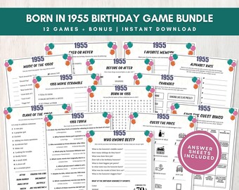 Born in 1955 Trivia Bundle, 70th Birthday Party Games w/ Answers, Fun Activities for Large Groups, Bonus Memory Keepsake, Instant Download