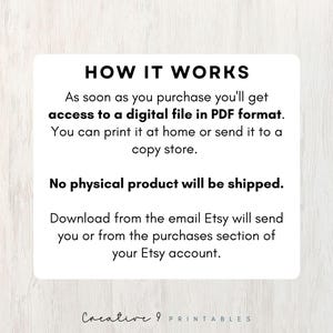 May include: A white card with black text explaining how digital downloads work. The text reads "HOW IT WORKS" and explains that the buyer will receive a digital file in PDF format that can be printed at home or at a copy store. The card also states that no physical product will be shipped. The text also explains how to download the file from the email Etsy will send or from the purchases section of the Etsy account. The card is signed "Creative 9 PRINTABLES".
