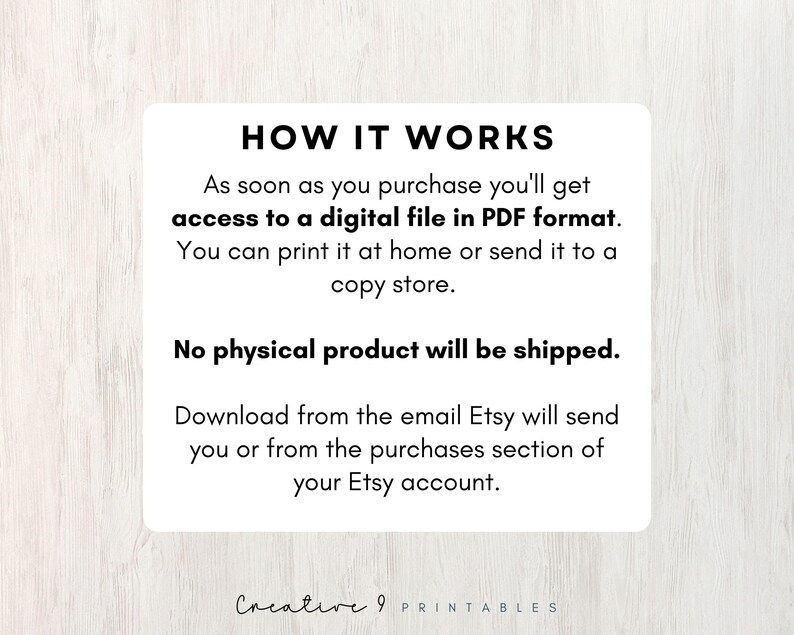 May include: A white card with black text explaining how digital downloads work. The text reads "HOW IT WORKS" and explains that the buyer will receive a digital file in PDF format that can be printed at home or at a copy store. The card also states that no physical product will be shipped. The text also explains how to download the file from the email Etsy will send or from the purchases section of the Etsy account. The card is signed "Creative 9 PRINTABLES".
