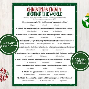 Printable Christmas Trivia Game for Adults and Kids, 10 Fun Christmas Around the World Trivia Questions with Answers, Instant Download