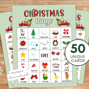 Printable Christmas Bingo Game for Kids and Adults, 50 Printable Christmas Bingo Cards with Images and Word Descriptions, Instant Download