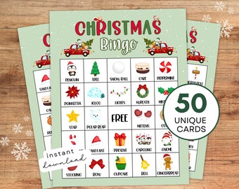 May include: A set of 50 unique Christmas Bingo cards with a green background and illustrations of various Christmas-themed items, including a penguin, a tree, a snowman, a cake, a peppermint candy, a poinsettia, an igloo, lights, a wreath, a star, a polar bear, mittens, a Santa hat, a present, carolers, a gnome, a stocking, a bow, a cupcake, a bell, and a gingerbread man. The text "CHRISTMAS Bingo" is at the top of the card.